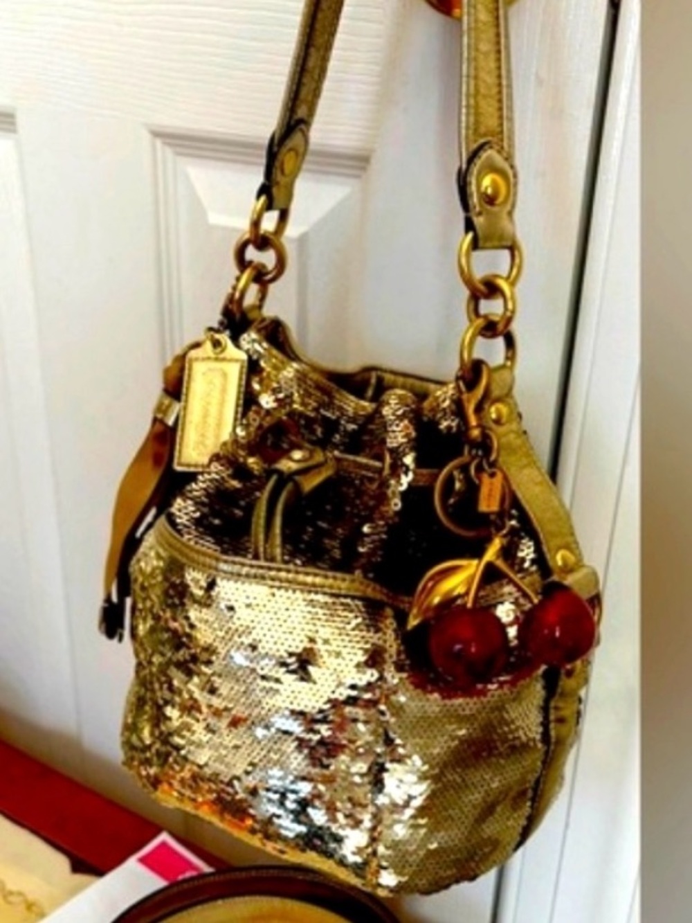 Coach Gold Sequin Poppy Drawstring Crossbody Bag RARE